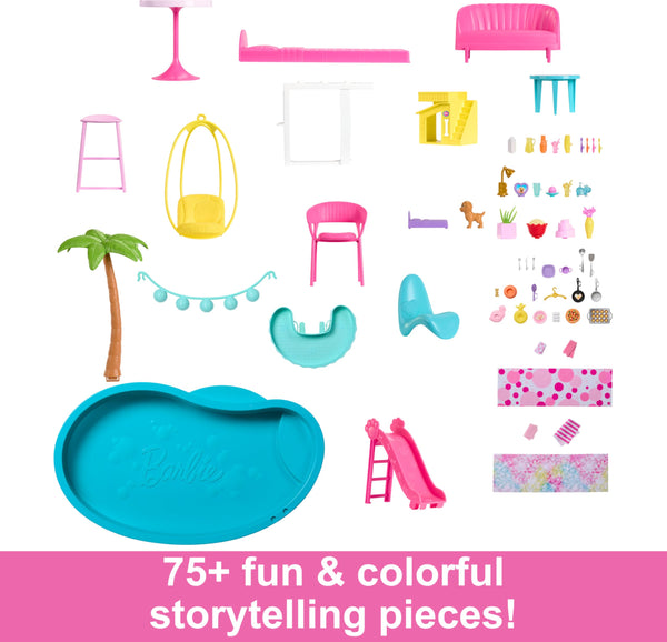 Barbie Dreamhouse, Pool Party Doll House with 75+ Pieces and 3-Story Slide, Barbie House Playset, Pet Elevator and Puppy Play Areas