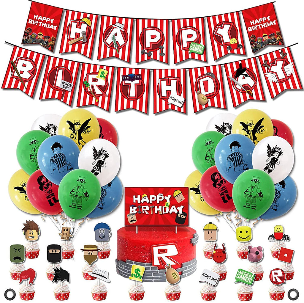 Roblox Birthday Party Supplies, Ro-blox Theme Party Decorations Set, Include Balloons, Happy Birthday Banner, Cake Topper, roblox Virtual World Party Decorations for Boys Birthday