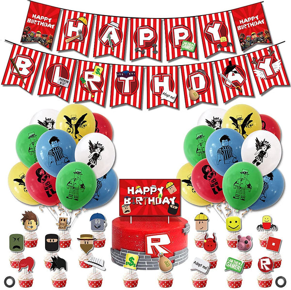 Roblox Birthday Party Supplies, Ro-blox Theme Party Decorations Set, Include Balloons, Happy Birthday Banner, Cake Topper, roblox Virtual World Party Decorations for Boys Birthday