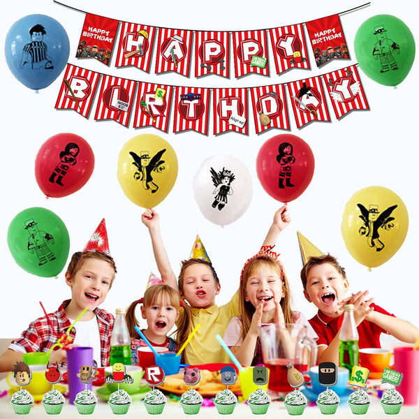Roblox Birthday Party Supplies, Ro-blox Theme Party Decorations Set, Include Balloons, Happy Birthday Banner, Cake Topper, roblox Virtual World Party Decorations for Boys Birthday