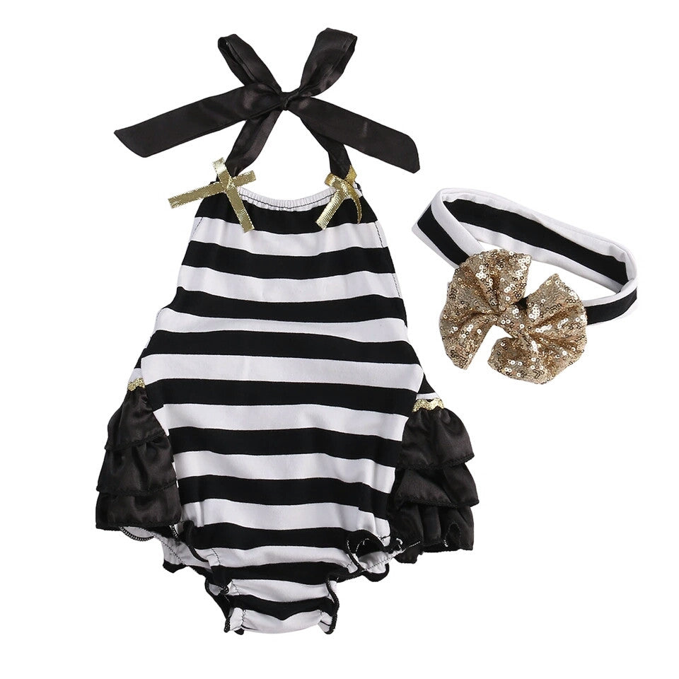 Monochrome Striped Romper with Matching Headband
