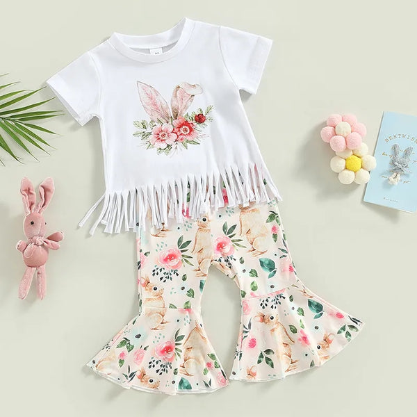 Bunny Rabbit Floral Print Flares 2 Piece Set