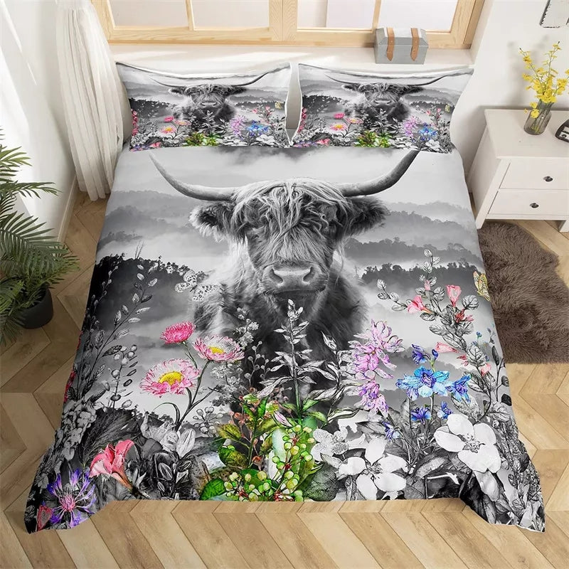 Highland Cow Floral Bedding Sets - 9 Designs (All Sizes Available)