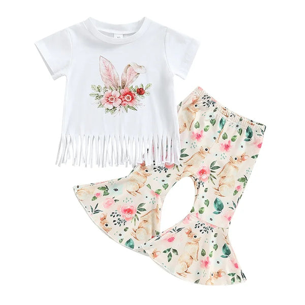 Bunny Rabbit Floral Print Flares 2 Piece Set