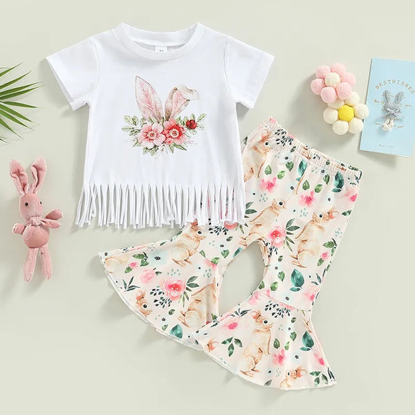Bunny Rabbit Floral Print Flares 2 Piece Set