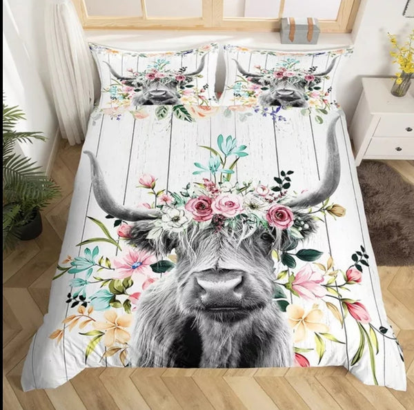 Highland Cow Floral Bedding Sets - 9 Designs (All Sizes Available)
