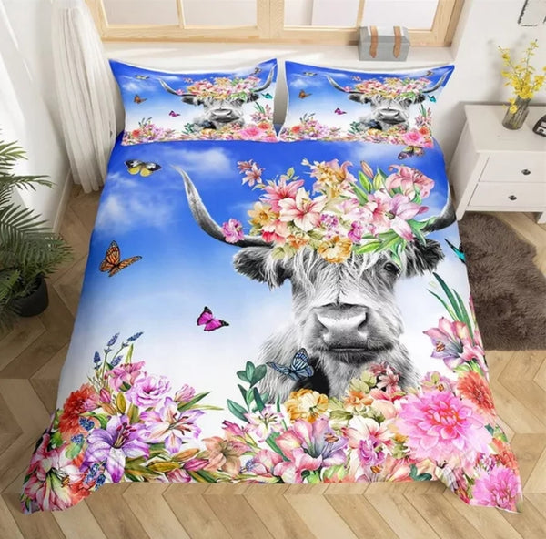 Highland Cow Floral Bedding Sets - 9 Designs (All Sizes Available)