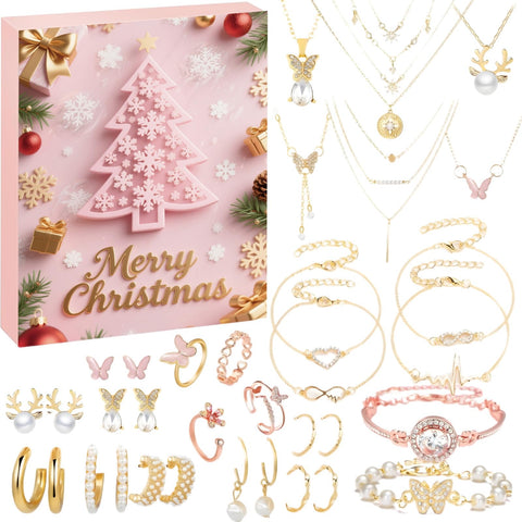 Jewelry Advent Calendar 2025 for Teens, Christmas Countdown 24 Days Calendar with Fashion Necklace, Bracelet, Earrings & Ring, Christmas Surprise Gifts for Women, Daughter, Girlfriend, Wife, Adult