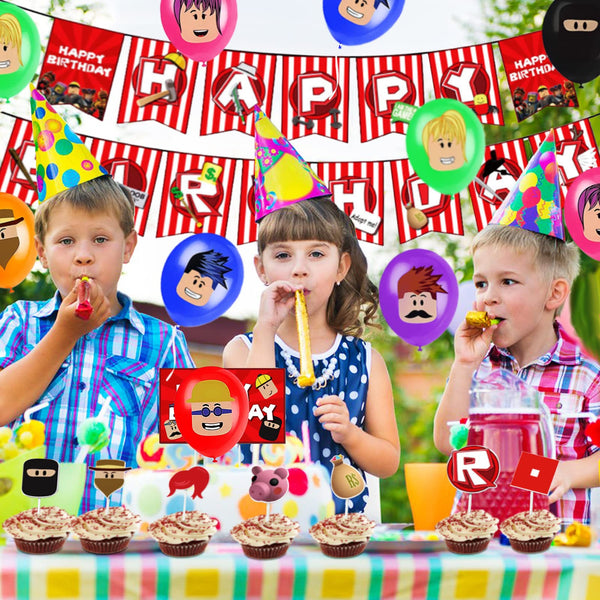 Roblox Birthday Party Supplies, Ro-blox Theme Party Decorations Set, Include Balloons, Happy Birthday Banner, Cake Topper, roblox Virtual World Party Decorations for Boys Birthday