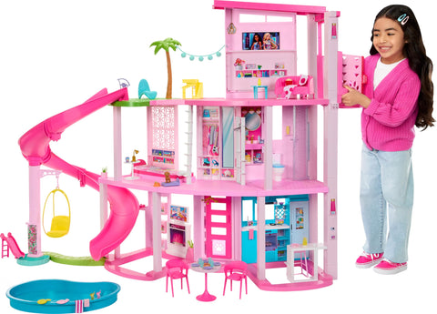 Barbie Dreamhouse, Pool Party Doll House with 75+ Pieces and 3-Story Slide, Barbie House Playset, Pet Elevator and Puppy Play Areas