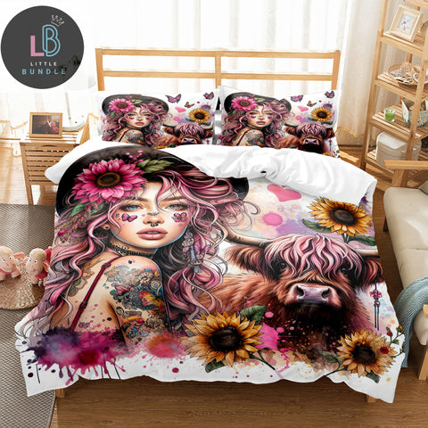 Tattoo Girl & Highland Cow Bedding Set