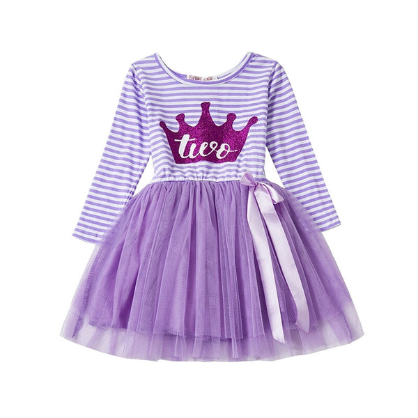 Longsleeve Birthday Tutu Dress With Crown Design (5 Colours)