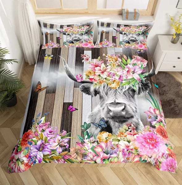 Highland Cow Floral Bedding Sets - 9 Designs (All Sizes Available)